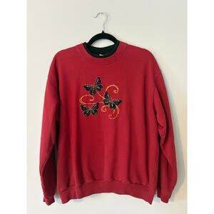 Vintage Top Stitch red crewneck sweatshirt with butterfly motif, women’s size XL